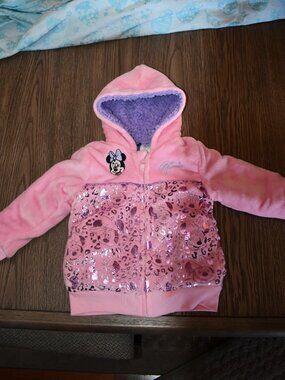 Disney Minnie Mouse Pink Plush Hoodie Jacket Thick Soft Warm Girls Zip Up Sz 4T